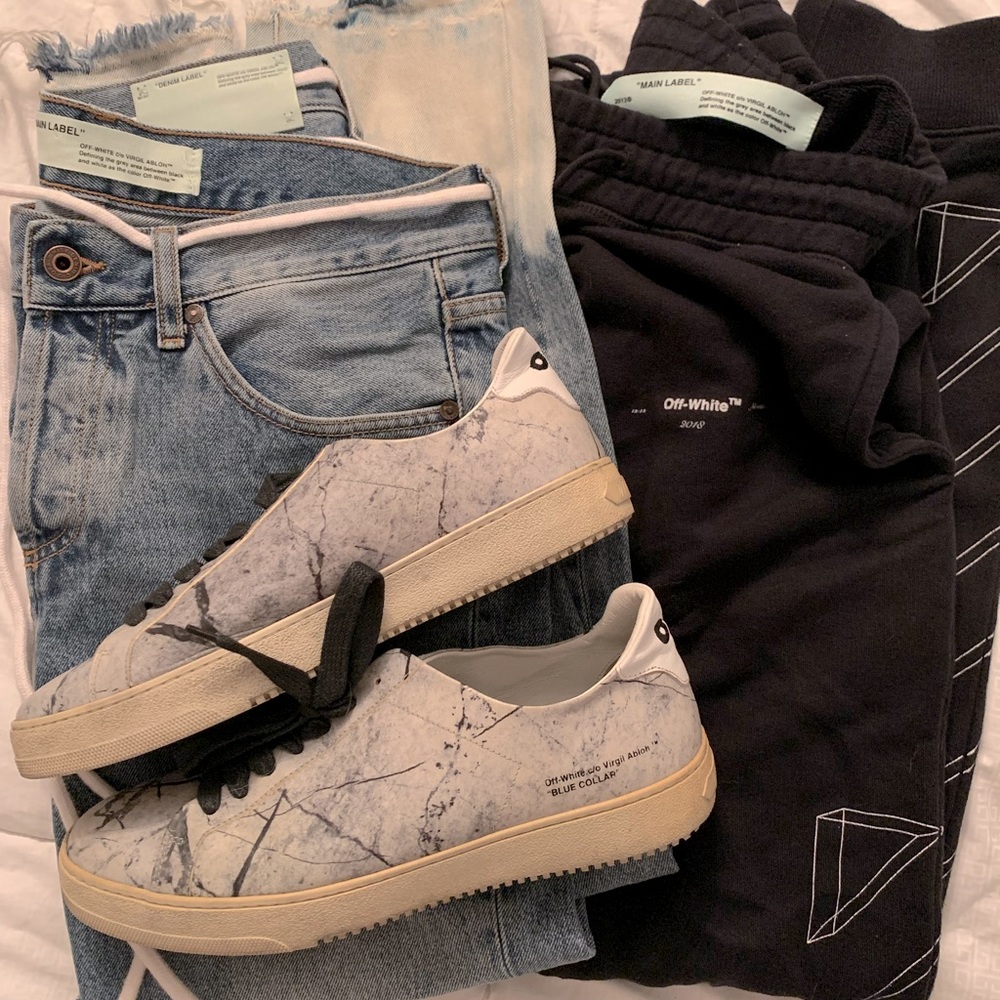 Off-White Brand shoes, jeans and joggers.